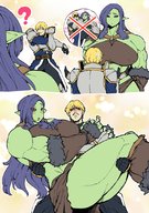 drawing blushing blonde comic color large_breasts long_hair blue_hair short_hair mini_giantess muscles walking japanese holding outdoors orc panels pointed_ears orc_girl ajya