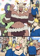 drawing blushing blonde comic color large_breasts long_hair blue_hair short_hair mini_giantess muscles walking japanese giantesses holding dark_skin outdoors orc panels pointed_ears orc_girl ajya