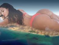 bikini giantess collage city mega black_hair long_hair butt beach ocean lying_down muscles looking_down boats reflection coast athletic earrings redcoffee1 katya_elise_henry