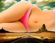 bikini giantess collage hips mega lying_down navel belly highway vehicles horizon countryside redcoffee1 roadblock distance