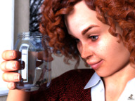 long_hair clothed handheld domination red_hair shrunken_people jar sweater looking_at_victims digital_render imprisoned vorifax