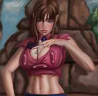 drawing gentle blonde color long_hair cleavage brunette navel shrunken_woman standing top seven_deadly_sins elizabeth_liones bare_midriff between_breasts admdraws elizabeth_(nanatsu_no_taizai) diane