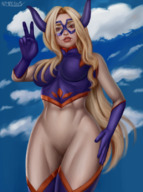 drawing giantess horns blonde color long_hair mask standing costume from_below my_hero_academia mt._lady admdraws