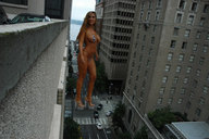 bikini breasts gentle giantess collage city mega blonde large_breasts long_hair cleavage high_heels buildings street standing jessica_canizales