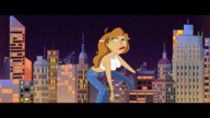 breasts drawing giantess city mega blonde color long_hair destruction handheld cleavage buildings green_eyes jeans animation cartoon vehicles jumping night halter_top throw
