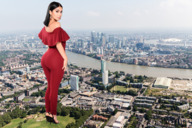 giantess collage city mega black_hair long_hair butt clothed high_heels buildings standing river kim_kardashian looking_back