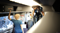 gentle long_hair clothed brunette amazon bus walking braid digital_render suitcase fater leather_clothing onlooker