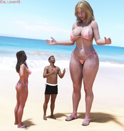 bikini growth gentle blonde large_breasts long_hair butt beach barefoot cleavage brunette mini_giantess sandals amazon standing size_comparison shaven digital_render giantess_lover45