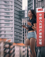 giantess collage city black_hair long_hair buildings asian navel purse shirt cellphone daisy_dukes bare_midriff kyojingirls earbuds