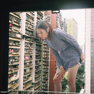 gentle giantess collage black_hair clothed asian bending_over looking_down cellphone sundress apartment_building kyojingirls