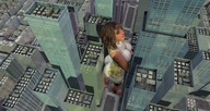 giantess city large_breasts butt clothed barefoot buildings brunette unknown_artist standing looking_at_viewer mini_skirt digital_render