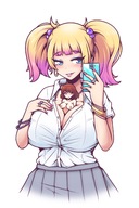 breasts drawing nipples blonde color large_breasts long_hair cleavage skirt brunette domination lesbians shrunken_woman shirt cellphone no_background between_breasts inksgirls