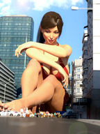 bikini breasts gentle giantess city mega long_hair barefoot cleavage buildings brunette ponytail sitting looking_down onlookers digital_render justanotherperson032