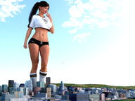 bikini gentle giantess city mega long_hair clothed buildings brunette socks ponytail shorts looking_down shirt digital_render bare_midriff justanotherperson032