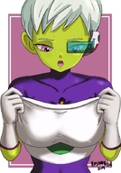 drawing giantess white_hair color dragon_ball shrunken_man looking_down kasumikills between_breasts broly chirai dbs