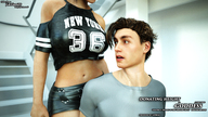 gentle black_hair clothed navel amazon short_shorts size_comparison shirt digital_render fater bare_midriff