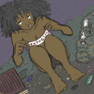 drawing growth giantess nude city black_hair color clothed looking_down dark_skin outdoors geoligar convenient_censorship makeshift_clothing junkyard