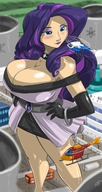 drawing giantess city color long_hair blue_eyes clothed cleavage skirt helicopter purple_hair huge_breasts domination dress standing onlookers outdoors airport hands_on_hips source_needed my_little_pony rarity shonuff44