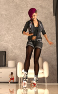 crush blonde long_hair clothed skirt shoes brunette punk domination socks navel uniform nylons shorts running shrunken_woman looking_down standing jacket shirt digital_render bare_midriff marshgts