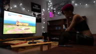 gentle nude blonde long_hair butt barefoot brunette punk sitting kneeling shrunken_woman video_game living_room sofa coffee_table digital_render television marshgts
