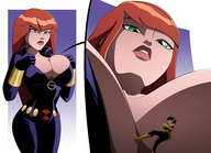 breasts drawing comic color large_breasts clothed handheld cleavage green_eyes brunette multiple_sizes red_hair shrunken_woman shrunken_man costume jumpsuit zipper black_widow anon janet_van_dyne up_close marvel_comics ravenravenraven the_wasp between_breasts avengers_earths_mightiest_heroes