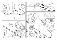 drawing micro blonde comic monochrome long_hair barefoot cleavage domination running shrunken_man naked_man pedicure dialogue chasing smushedboy
