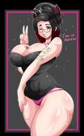 drawing panties color cleavage glasses huge_breasts crown shrunken_person between_breasts