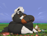 drawing giantess furry anthro color huge_breasts sitting bbw eating looking_down outdoors ssbbw thick_thighs tight_clothing commoddity