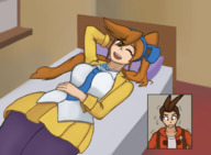 drawing bed lying_down mini_giantess ace_attorney on_nose apollo_justice athena_cykes