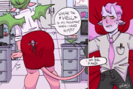 drawing wings comic color butt_crush green_hair shrunken_man entrapment dialogue stuck_to_butt taiyakkun