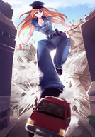 breasts drawing giantess city color destruction rampage red_hair uniform vehicles belt angelgts police_officer