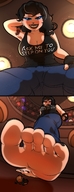 drawing feet black_hair color blue_eyes barefoot cleavage jeans low_angle shrunken_man point_of_view top mspaintgts black_lips