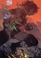 drawing giantess color teeth handheld angry battle fighting fist action guns on_shoulder skimpy_clothing stirrups red_sky
