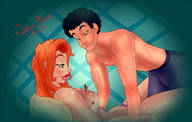 drawing panties color bra couple lying_down shrunken_woman orange_hair looking_at_tiny apeiron-macro on_breasts