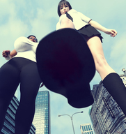 giantess city large_breasts looking_down giantesses point_of_view looking_at_viewer raised_foot imminent_crush digital_render innocent-owl