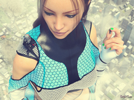 giantess city mega looking_down outdoors between_fingers nail_polish green_nails on_shoulder pinched digital_render innocent-owl