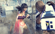 giantess city black_hair destruction handheld helicopter glasses train gloves bus fighting giantesses digital_render innocent-owl