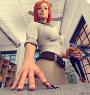 giantess mega clothed handheld blue_hair multiple_sizes crawling shrunken_woman looking_down pinned looking_up orange_hair under_finger digital_render innocent-owl