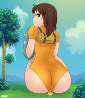 drawing giantess color butt butt_crush brunette sitting pigtails outdoors looking_back leotard seven_deadly_sins pouting lyotanc diane_(seven_deadly_sins)