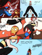 breasts drawing giantess city mega comic black_hair color armor cleavage buildings butt_crush breast_crush asian red_hair looming fighting skyscraper mask pants towering screaming crouching freckles costume top dialogue panels mary_jane thought_bubble flashback spider-man spider-woman marvel_comics cindy_moon silk bare_midriff caiman2 between_breasts earth_20052 shockwave shocker