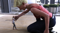 collage blonde high_heels reaching shrunken_woman looking_at_tiny digital_render