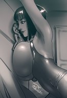 drawing monochrome black_hair huge_breasts short_hair shrunken_man pinned against_wall resizestuff