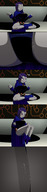 breasts drawing comic color clothed climbing purple_hair raven teen_titans short_hair indoors thigh_crush cape belt leotard meditating hood thick_thighs dc_comics anon bare_legs grey_skin ravenravenraven