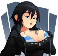 black_hair blue_eyes cleavage bra kingdom_hearts looking_at_tiny ravenravenraven between_breasts roxas xion