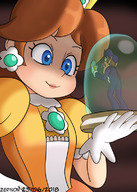 drawing color clothed handheld smiling dress source_needed princess_daisy no_background looking_at_tiny waluigi zerinon super_smash_bros._ultimate super_smash_bros. assist_trophy