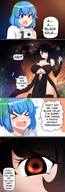 drawing blushing space comic black_hair color long_hair clothed cleavage blue_hair story green_hair camera eyes dialogue panels black_hole_chan earth_chan merryweather_comics green_highlights orange_highlights