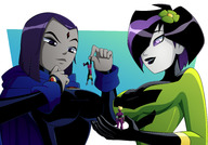 breasts drawing giantess alien black_hair color large_breasts clothed handheld purple_hair purple_eyes raven teen_titans gloves short_hair beast_boy giantesses dangle cape belt hood white_skin no_background green_skin dc_comics on_palm grey_skin shrinking_violet legion_of_superheroes skintight_clothing ravenravenraven flower_in_hair hair_streak brainiac_5