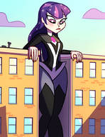 drawing giantess city mega color long_hair buildings purple_hair purple_eyes boots thighs costume between_buildings zatanna dc_comics caiman2 dc_super_hero_girls