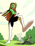 drawing giantess mega color long_hair brunette military tank gloves green_hair boots dark_skin tattoo costume raised_foot green_lantern looking_at_tiny dc_comics caiman2 hair_streak jessica_cruz dc_super_hero_girls