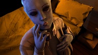 vore alien cleavage bed blue_skin shrunken_person closed_eyes digital_render mass_effect liara_tsoni asari